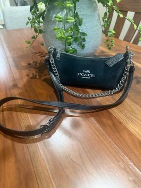 Coach Charlotte Black Pebbled Leather Mini Crossbody with Silver Chain